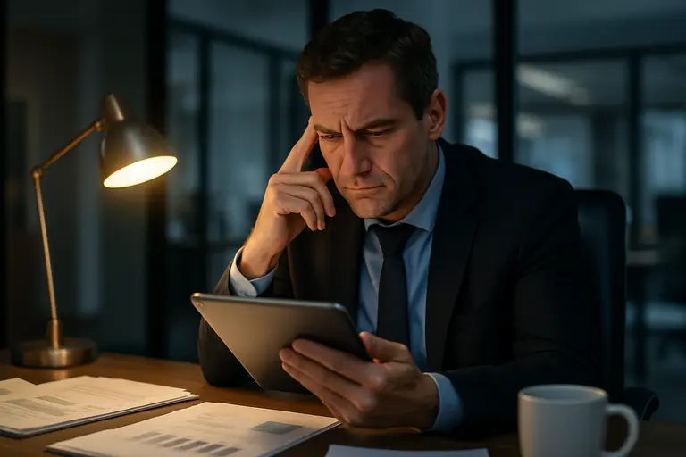 Manager comparing documents and interview notes during an internal review
