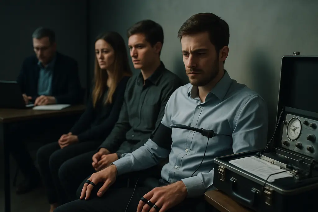 Mass Polygraphs briefing with security files and interview notes on a conference table