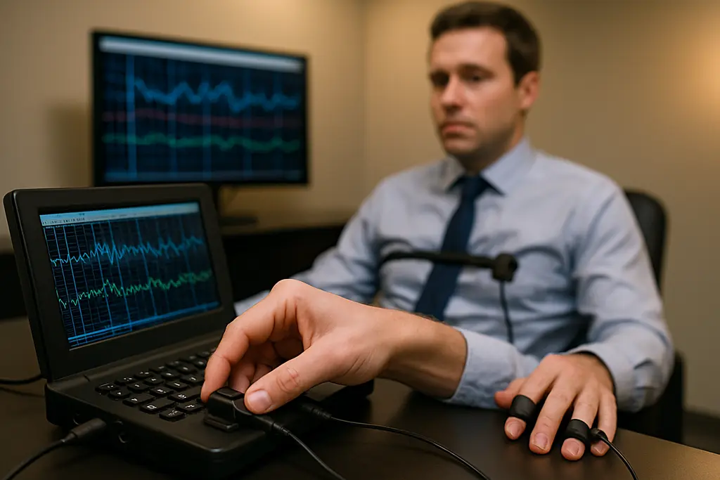 Modernizing Polygraph research briefing with sensors and assessment notes on a conference table