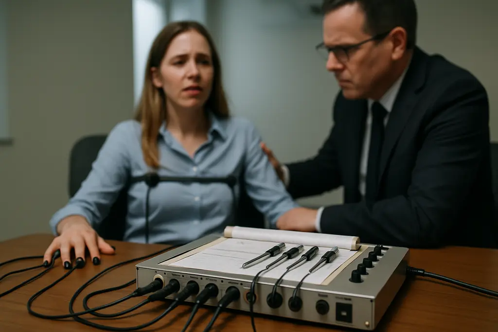 Polygraph compliance review beside hiring assessment documents on a conference table