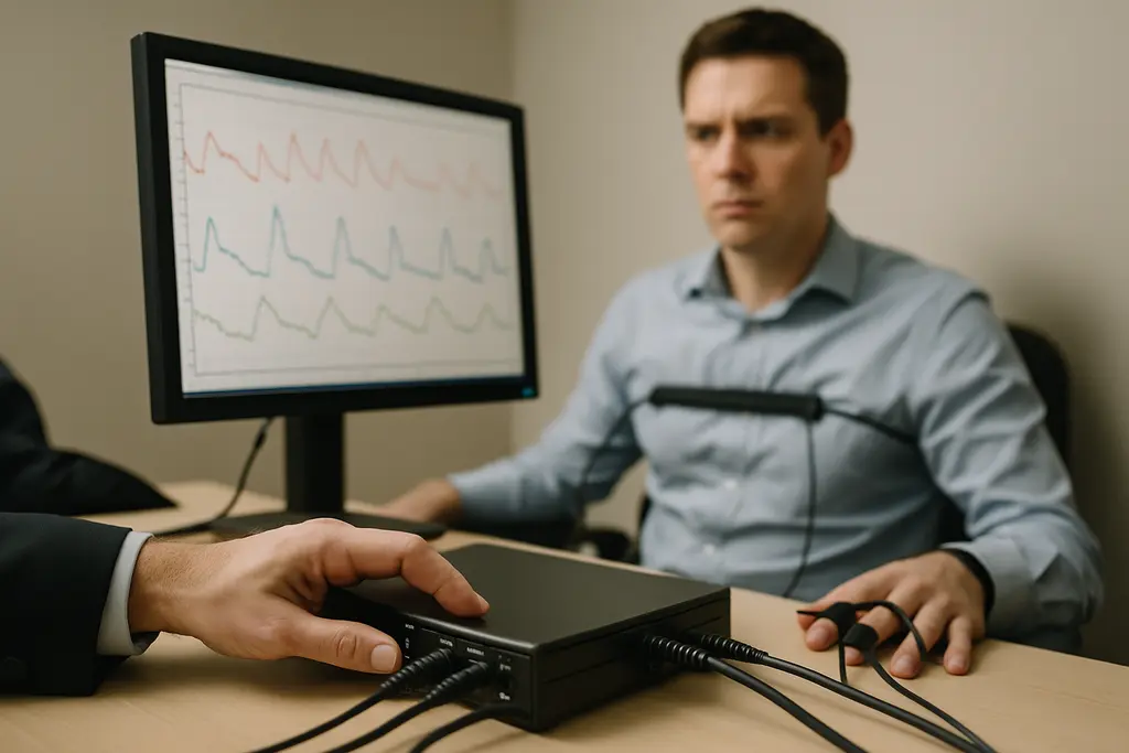 Examiner preparing sensors before a polygraph examination in a private office