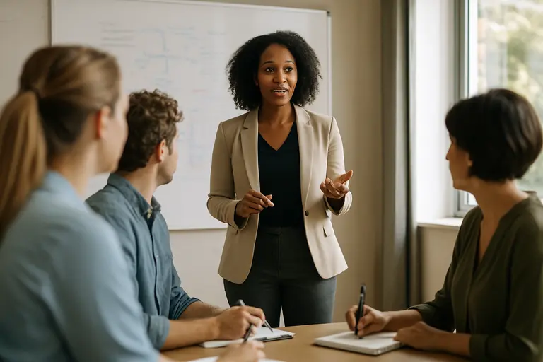 Workplace integrity team reviewing documents before an interview