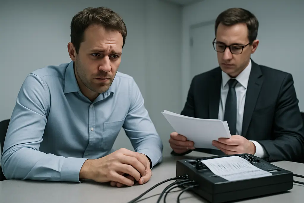 HR manager reviewing workplace polygraph penalties with employee rights documents